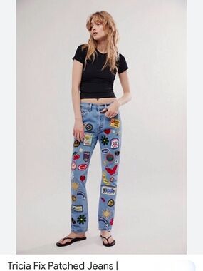 Tricia Fix Light Blue Straight-Leg Jeans with Colorful Patchwork